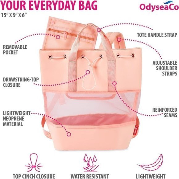 Women Pink Waterproof Neoprene Drawstring Lightweight Beach Backpack‎ main image 6